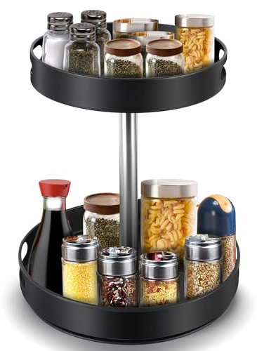 Organizador de Especias de 2 Niveles, Bandeja con Rotación de 360 ​​Grados, Plataforma Giratoria de Altura Ajustable, Estante de Almacenamiento para Condimentos de Cocina (Black)