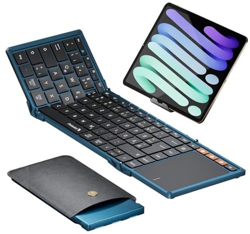 ProtoArc XK01 TP Bluetooth Tastatur Faltbare mit Touchpad - QWERTZ Deutsch mit Trackpad, iPad Tastatur für iOS, Android, Windows Laptop PC Tablet - Blau