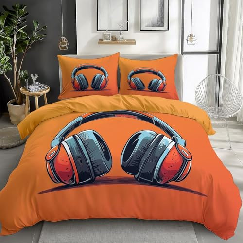 Quixora Bettwäsche Set Orange 135 x 200 cm Kopfhörer Retro-Cartoon-Spiel Muster Microfaser Einzelbett Wendebettwäsche Bettbezug mit Reißverschluss 3 Teilig Weiche Bettwäsche + Kissenbezüge 80x80 cm