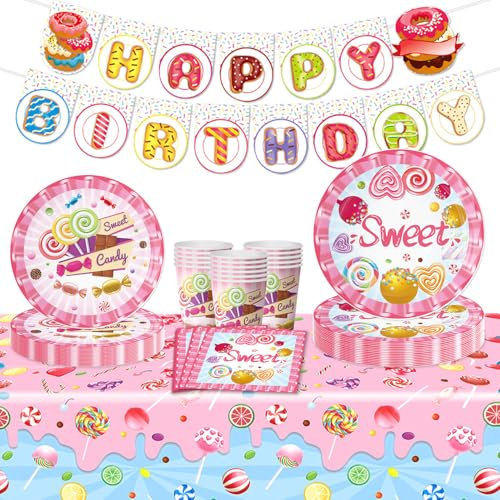Candy Donuts Party Geschirr Set, Lovely Lutscher Süße Party Dekorationen, Mädchen Baby Donut Thema Geburtstag Party Banner, Geburtstag Kuchen Party Teller Servietten Tassen 16 Gäste