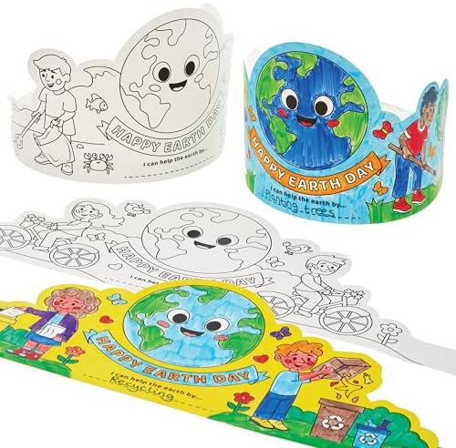 Baker Ross FN390 Earth Day Colour-in Card Crowns - Pack of 8, Earth Day Arts and Crafts for Kids