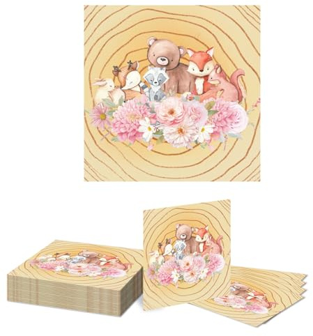 Kotkiddy 20Pcs Wald Baby Dusche Papier Servietten Wald Tiere Einweg Servietten Dekoratives Tier Mittagessen Abendessen Serviette für Party Zubehör Tischdeko 33 * 33cm