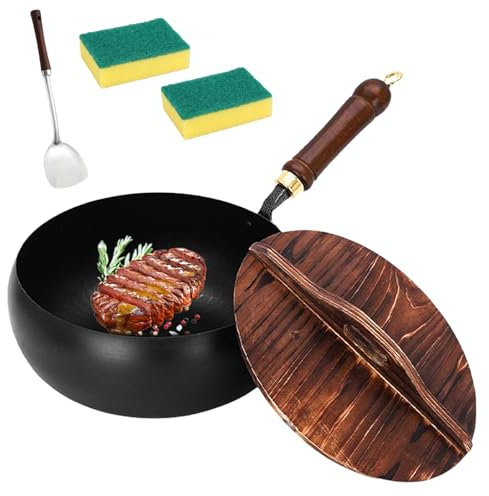 Uncoated Iron Pan, Japanese Hand-Forged Non-Stick Iron Pan Without Coating, Round Bottom Wok with Wooden Lid Lid, Durable and Rust-Free (9.45in)
