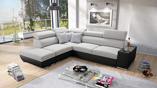 IM SOFA Eckcouch PERS VII L-Form mit Schlaffunktion und Stauraum – Modernes Ecksofa mit Bettkasten (Hellgrau SAWANA + Schwarzes Kunstleder, Links)