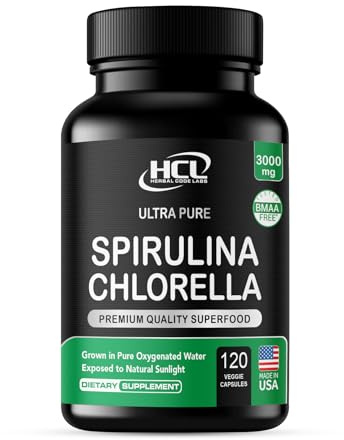 Chlorella Spirulina Powder Capsules 3000 mg of BMAA Free Purest Blue Green Algae - Best Natural Detox Raw Vegan Vitamins Protein Green Superfood - Made in USA