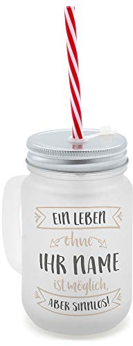printplanet® - Trinkglas mit Henkel und Strohhalm - personalisiert mit Namen - Motiv Sinnlos - Henkel-Glas satiniert mit Deckel und Mehrweg-Trinkhalm