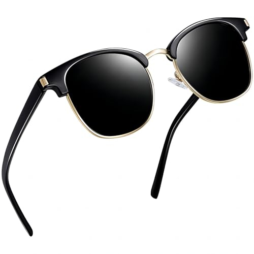 Joopin Retro Halbrahmen Sonnenbrille Herren Polarisiert UV400 Schutz Sonnenbrille Damen Schwarz Rechteckig Polarized Sunglasses Unisex für Autofahren Reisen Angeln(Glänzend Schwarz)