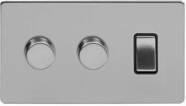 Soho Lighting Brushed Chrome 3 Gang Light Switch with 2 Dimmers (2 Way Switch & 2x Trailing Dimmer) Blk Ins Screwless