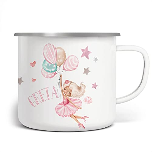 miKalino Emaille Tasse Mädchen - Trinkbecher Kinder personalisiert - Emaille Becher mit Ballerina-Motiv - Kindertasse mit Namen - Kindertasse bedruckt - Emaille Becher Weiß