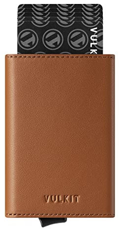 VULKIT Mens Wallet Credit Card Holder Pop up Card Case Top-Grain Cowhide Genuine Leather RFID Blocking Wallet with Banknote Compartment, ID Window and Magnetic Strip Closure