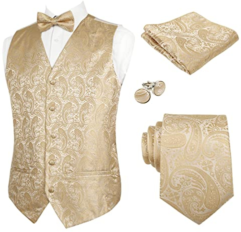 Alizeal Herren Weste Krawatte Hanky Manschettenknöpfe und Fliege Set Paisley Classic 5pc, Champagner-2XL