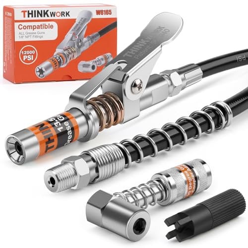 THINKWORK Grease Gun Coupler Set, Strong Lock on Greases Gun Couplers with 90° Grease Coupler Adaptor,12000 PSI Quick Release Grease Coupler Compatible with All Grease Guns 1/8 NPT Grease Gun Fitting