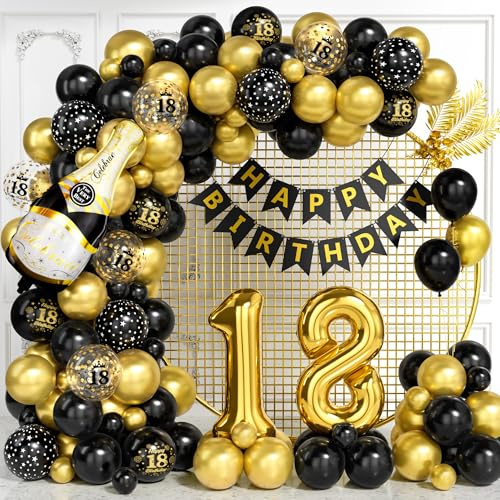 Decorazioni per 18° Compleanno, Kit Arco Palloncini Oro Nero con Numero 18 Palloncini Foil, Stampa Palloncini, Striscione Buon Compleanno per Ragazzi Ragazze, Decorazione Festa Oro Nero per 18 Anni