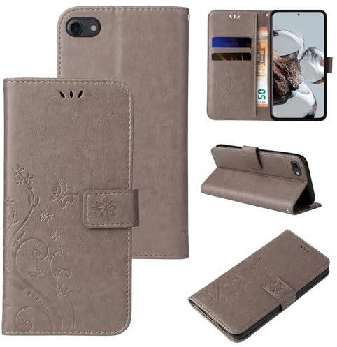 LBH Handy Hülle für Apple iPhone 7/8 / SE Case Handytasche Schmetterling Blumen Flower Standfunktion Schutzhülle Magnet Rundum Schutz 360 Grad Flipcase Cover Grau