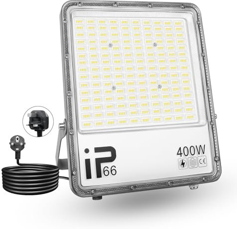 PICAA Lumière LED Extérieur 400W, 40000LM, Blanc Froid 6500K, Projecteur LED Sécurité IP65 Étanche, Lumière de Travail LED pour Porte d'Entrée, Entrepôt, Parking, Cour, Rue avec Prise (2 Pièce)