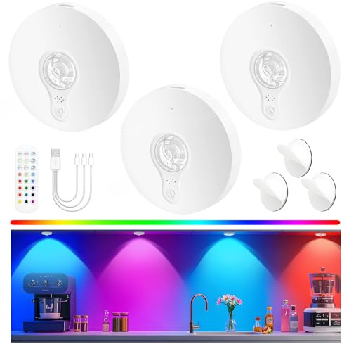 Schrankbeleuchtung Kabellos Akku USB, Unterschrank Beleuchtung Küche, Unterbauleuchte Küche LED Ohne Kabel, Vitrinenbeleuchtung Magnetisch, Puck Lights Mit Fernbedienung, Weiß, 3 Stück, 3-Farbe-RGB