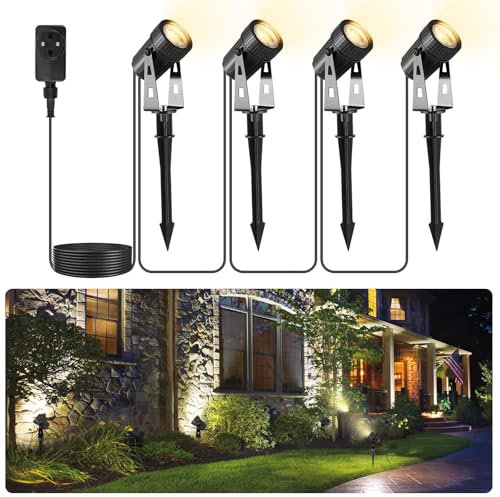 LED Gartenbeleuchtung Set, 4 Warmweiß 3000K Gartenstrahlern, IP65 Wasserdicht 12V Gartenleuchten mit Erdspieß und Strom für Garten Rasen Pfad Bäume Außenbeleuchtung