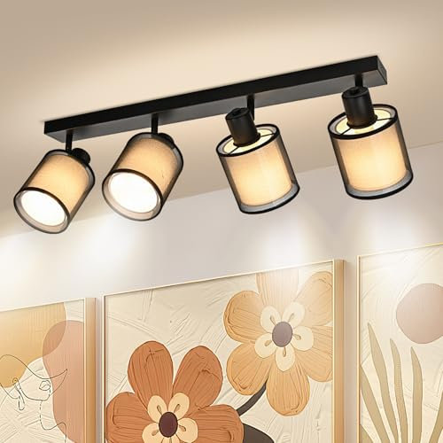 Doughelec Deckenlampe Deckenstrahler 4 Flammig Wohnzimmer - Schwarz Deckenleuchte Deckenspot Vintage E14 Schwenkbar Lampe Decke Wohnzimmerlampe MAX 30W Spot Stoff Weiß für Küche, Ohne Leuchtmittel