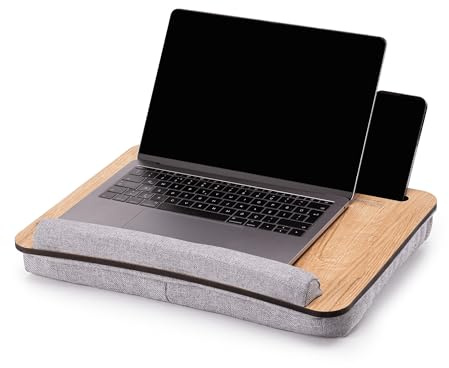 Vigo Wood Laptopkissen, Tragbarer Laptoptisch mit Kissen, Weichem Kissen-Bett-Couch-Tisch für Zuhause und Büro, Tragbar, Leicht, Weiche Handgelenkauflage, Geeignet für Laptops, Tablets (Eiche & Grau)