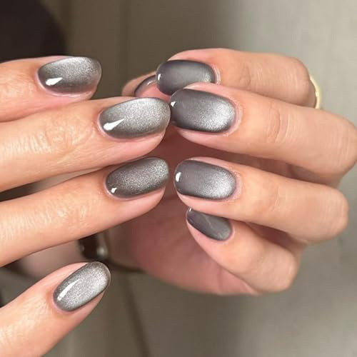 24PCS Cat Eye Oval Press On Nails Short - Acrylic Grey Almond False Nails - Glossy French Glitter Stick-on Nails with Glue - Removable Glue-on Fake Nails for Women Nail Art Accessories