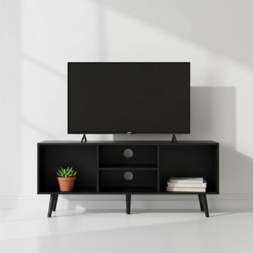 INDE MOBLEKIT | Credenza a 4 scomparti 110x29x47 cm, mobile TV in legno nero con ripiani, libreria moderna per soggiorno, corridoio o ripostiglio domestico