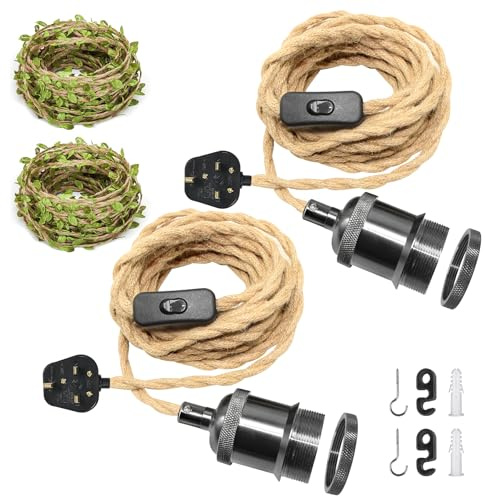 ZRLXFM 2 Pack E27 Vintage Hanging Lights with Plug in Cable, Metal Lamp Holders with 5.1M Hemp Rope Cord, DIY Pendant Lamp Kit Ceiling Hanging Lighting Fixture with 5M Green Leaf Decorative Rope