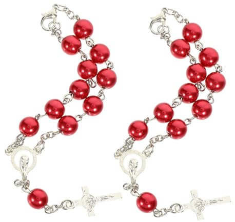 TOYANDONA Katholischer Rosenkranz Auto Rückspiegel Rotes Metall Kreuz mit Imitationsperlen Multifunktionales Autozubehör für Damen und Herren Zufälliger Stil