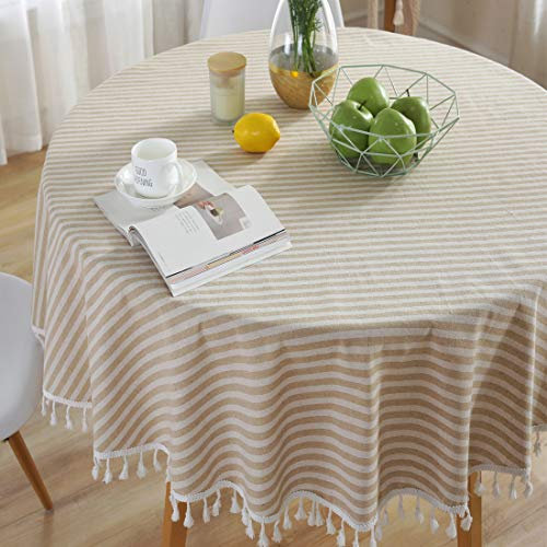 Bringsine Gestreifte Quaste Runde Tischdecke Baumwolle Leinen Tischdecke Abdeckung für Küche Esszimmer Party Tischplatte Heimdekoration (152,4 cm, Beige)