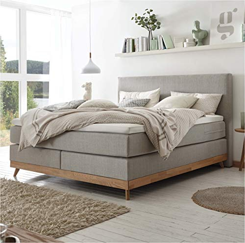 Hasena Boxspringbett Scandia Eiche Bianco|Stoff grau 180x200 Topper Superio (Liegekomfort: Soft)