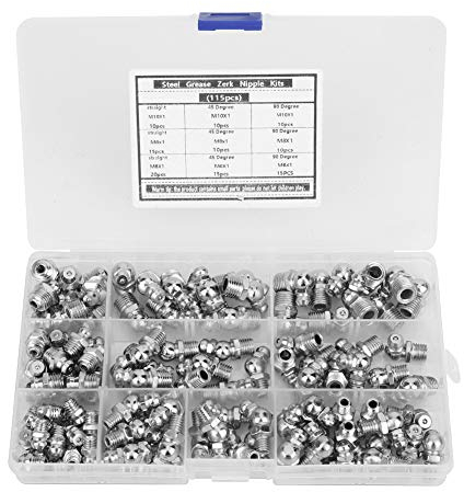 Stahl Zerk Fett Nippel Fitting Sortiment Kits, 115 Stück gerade und 90 Grad und 45 Grad M6 M8 M10 Fett Zerk Nippel Fitting