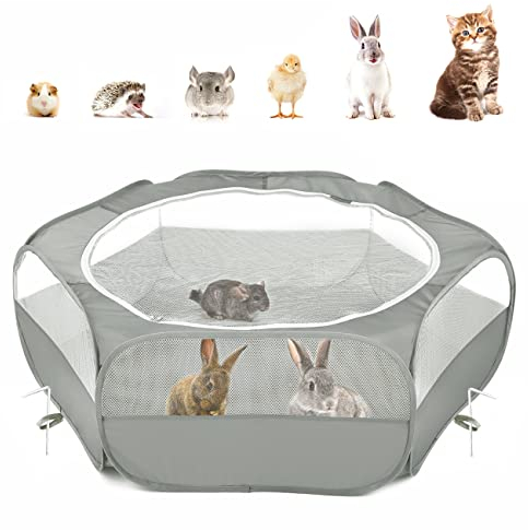 Pawaboo Kleintiere Freigehege, Wasserdicht Faltbar Kaninchen Freilaufgehege für Hasen Hühner Kätzchen Welpen Kaninchen Hamster, Visuell Laufstall mit Netz Reißverschluss und Nylonboden - Grau