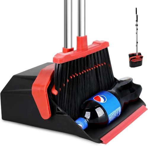 Tiumso Large Upright Broom and Dustpan, Broom with Dustpan Combo Set, Heavy Duty Dust Pan with 51 Long Handle for Pet Dog Hair Home Kitchen Office Hall Floor Pet Dog Hair (Black and Red)