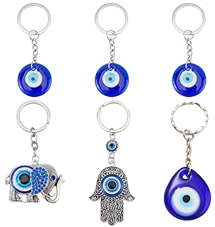 PandaHall 6er Pack Evil Eye Schlüsselanhänger Schlüsselanhänger Set Türkische Hand von Fatima Hamsa Schlüsselanhänger, Eule, Elephant Good Luck Charm Good Luck Schlüsselbund Geschenk