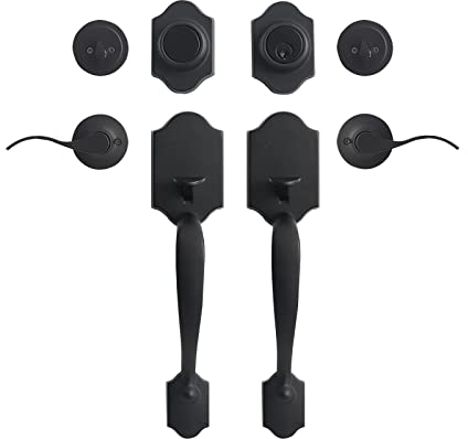 GUA OYH Front Door Handle Matte Black Double Door Handle Sets with Dummy, Double Door Lock Set Exterior Door Handle Set, with Single Cylinder Deadbolt, with Wave-Like Handle Lever, (L321020-B-S720)