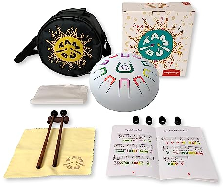 TAMBÚ. Tambor de Lengua de Acero. 8 pulgadas (20 cm). Tambor Metálico de Lengüetas 11 notas. Handpan drum, Instrumento de percusión metálico (Blanco Mate)