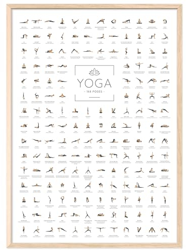 JUNOMI® Yoga Poster DIN A2 mit Rahmen Farbe Natur, Yoga Zubehör für Studios und Übungen Zuhause, perfekte Yoga Geschenkidee, Yoga Übungen für Beginner und Profis | mit Rahmen