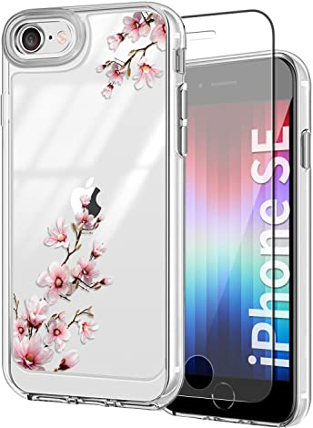 Ciciber für iPhone SE 2022/2020 Hülle, Transparent Silikon Handyhülle Kompatibel mit iPhone 8/7 mit Panzerglas 4,7 Zoll, Vergilbungsfrei Stoßfest Kratzfest Schöne Cover mit Blumen Muster