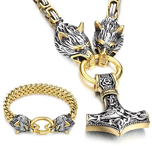 Roheafer Thors Hammer Halskette Herren Silber/Gold Mjölnir Anhänger Wolf Armband Edelstahl Thors Hammer Kette mit Königskette Wikinger Schmuck für Herren Länge 50CM-70CM