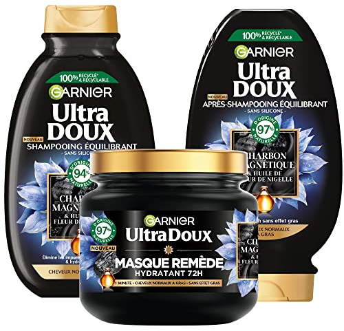 Garnier Ultra Doux - Coffret Routine au Charbon Magnétique et à l'Huile de Fleur de Nigelle - Pour les Cheveux Normaux à Gras