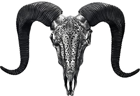 Pacific Giftware Wandrelief Trophäe - Großer Widderschädel 49 cm silberfarben mit Verzierungen | Trophäe Stier Bulle Longhorn Geweih Hörner Kopf