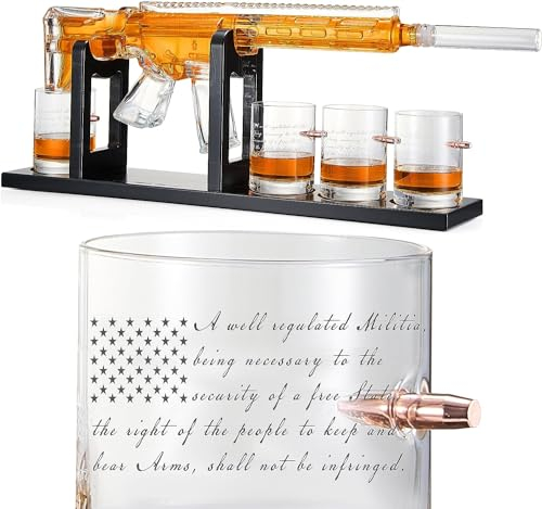 The Wine Savant AR15 2nd Amendment 1000 ml Whiskey Dekanter Set mit 4 Gläsern, einzigartige Geburtstagsgeschenkideen für ihn, Ehemann, Opa, cooler Militär-Tequila-Spender, Hausbar