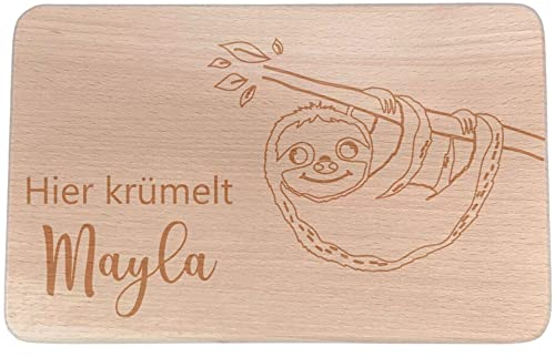Personalisiertes Frühstücksbrettchen mit Namen I Holz Brettchen/Brotzeitbrettchen I Faultier Motiv Graviert I Geschenk für Kinder