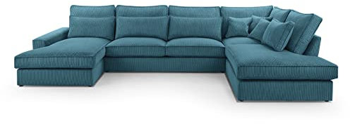 BETTSO -Ecksofa Großes U-Form Couch, Couchgarnitur, Eckcouch, Sofa,Ecksofa mit Kissen und Armlehnen aus Cordstoff-Valentino U (Türkis, Links)