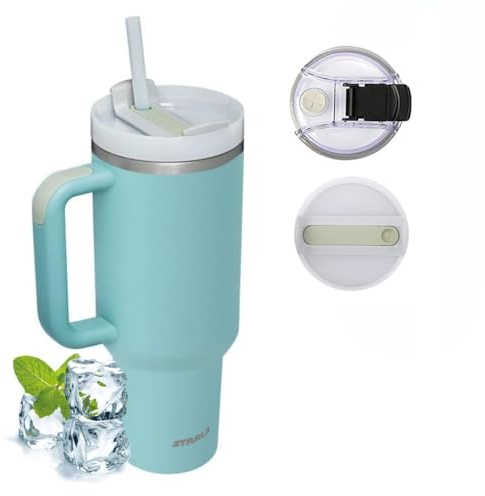 STARLA Mug Isotherme avec paille et poignée, 1,2l grand, 2 couvercles, tasse isotherme étanche, tasse à café à emporter, tasse à eau, tasse à boisson, tasse de voyage, tasse à boire (Voir bleu)