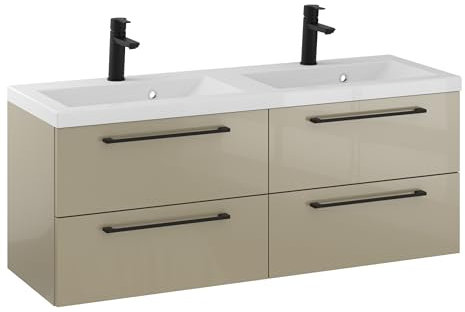 Furni Rosen 120 cm Hängend Doppelt Badezimmerschrank mit 2 Waschbecken und Stilvollen und Mattschwarzen Griffen Waschbeckenunterschrank Badezimmer Waschtisch mit Unterschrank Waschtischunterschrank