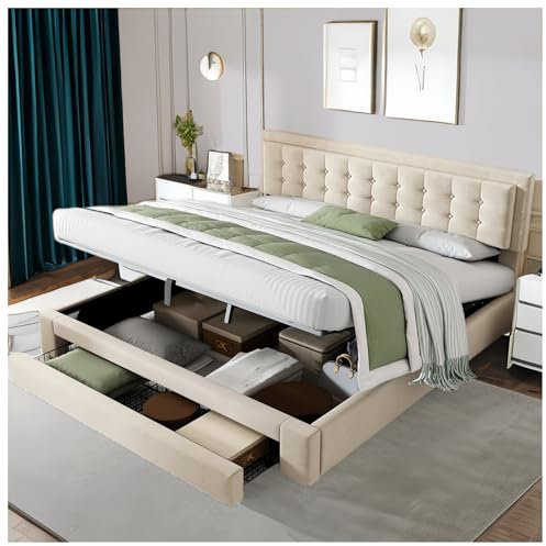 Racxily Letto imbottito 180x200 con contenitore e 2 cassetti, letto matrimoniale con contenitore,tessuto in velluto,letto contenitore matrimoniale con testata e rete a doghe,Beige
