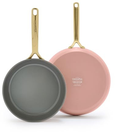 GreenPan GP5 9.5” and 11” 2 Piece Frying Pan Skillet Set, Hard Anodized Healthy Ceramic Nonstick PFAS-Free Cookware, Champagne Handles, Stay-Flat Surface, Induction,Dishwasher and Oven Safe,Dusty Rose
