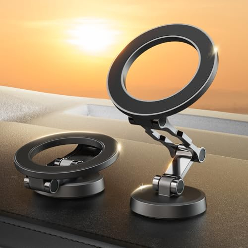 Soporte Movil Coche para MagSafe,Soporte Magnético Plegable,Rotación de 360°,Succión Potente,Parabrisas & Salpicadero Porta Movil Coche,Todo Metal Soporte Telefono Coche para iPhone y Funda MagSafe