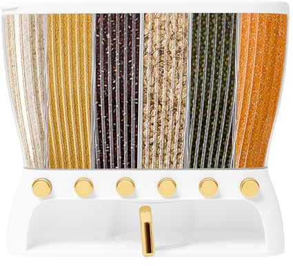 HOARLICN Dispensador de muesli, dispensador de cereales, 10 kg de arroz, cereales, dispensador, caja de almacenamiento, alimento seco, dispensador de muesli con 6 parrillas, para cocina, con tapa,