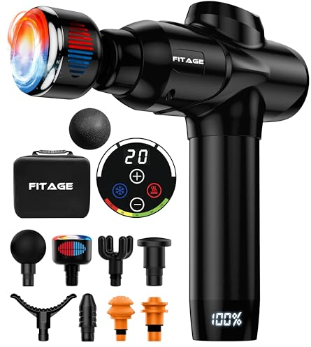 FITAGE Massagepistole, Leises Massagegerät mit 20 einstellbaren Geschwindigkeitsstufen, Massage Gun, 8 Aufsätze für Tiefengewebe, Schulter, Rücken und Ganzkörperentspannung, Massage-Pistole – Premium